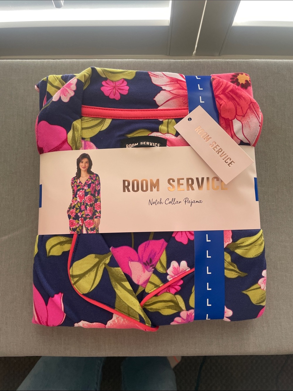 Room Service Women's Navy Floral Notch Collar Pajama Set - Pink & Green Size L